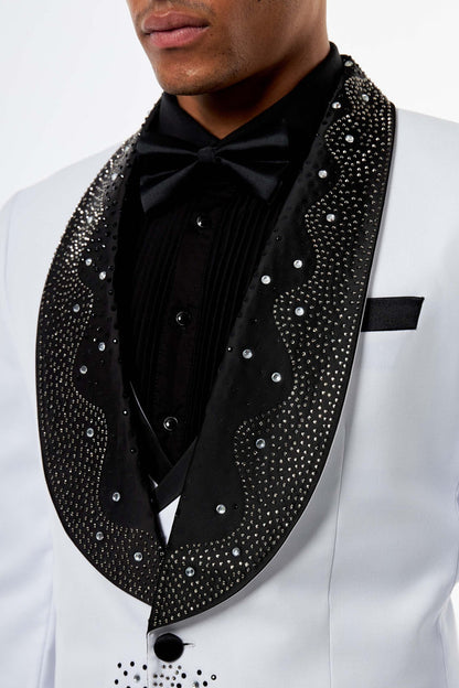 White Rhinestone Shawl Lapel Tuxedo 3-Piece Wedding Suit
