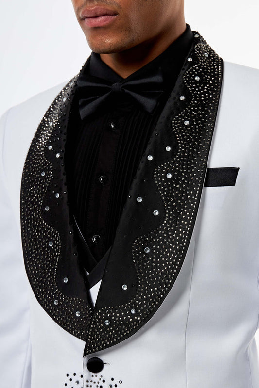 White Rhinestone Shawl Lapel Tuxedo 3-Piece Wedding Suit