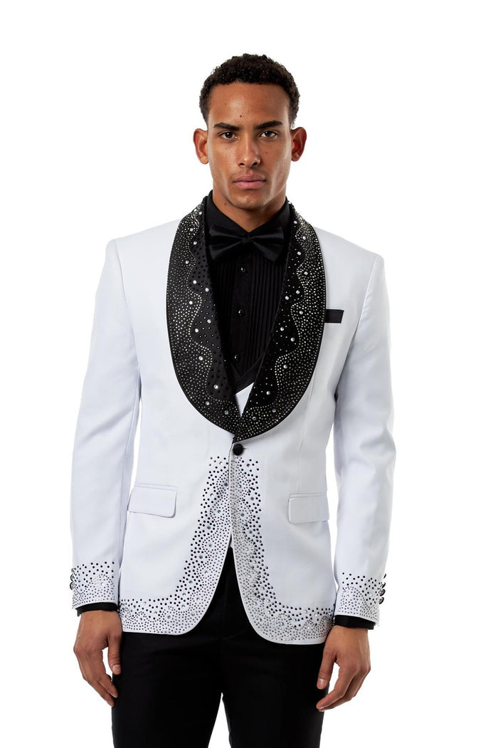 White Rhinestone Shawl Lapel Tuxedo 3-Piece Wedding Suit