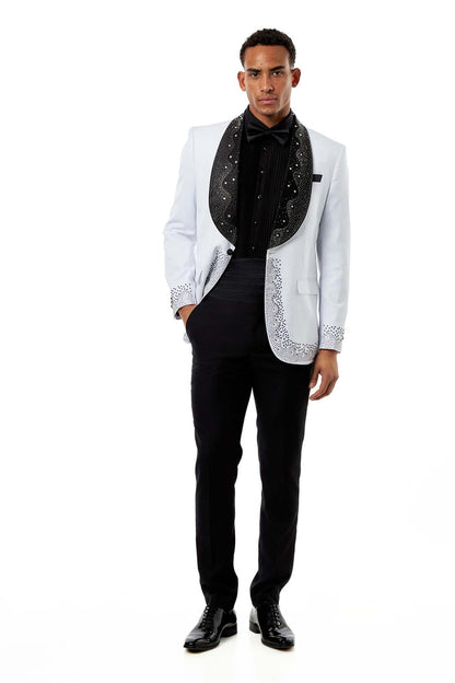 White Rhinestone Shawl Lapel Tuxedo 3-Piece Wedding Suit