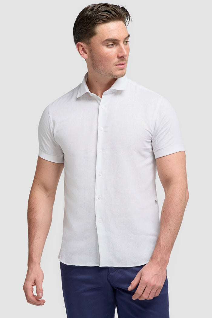 White Short Sleeve Linen Blend Shirt - Matera