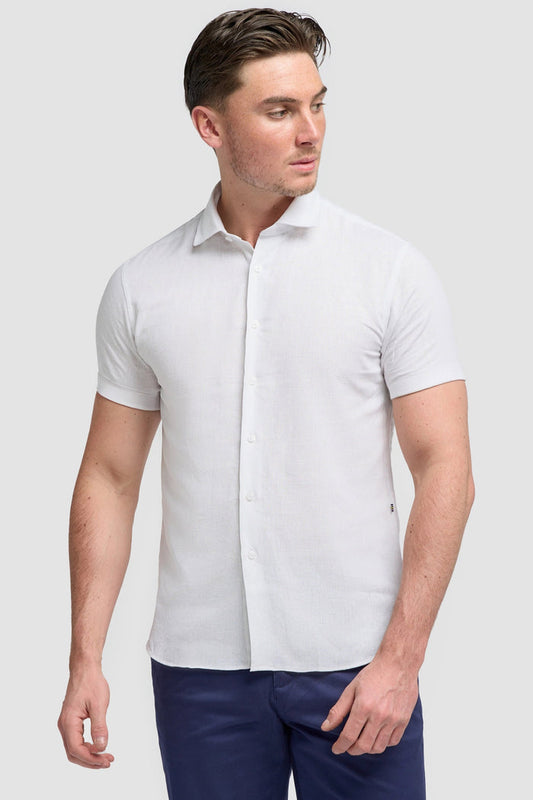 White Short Sleeve Linen Blend Shirt - Matera