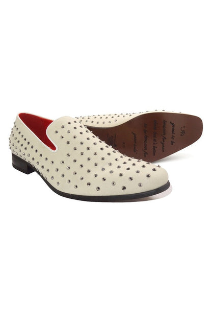 WHITE SUEDE LEATHER LINED GLITTER STUD LOAFERS