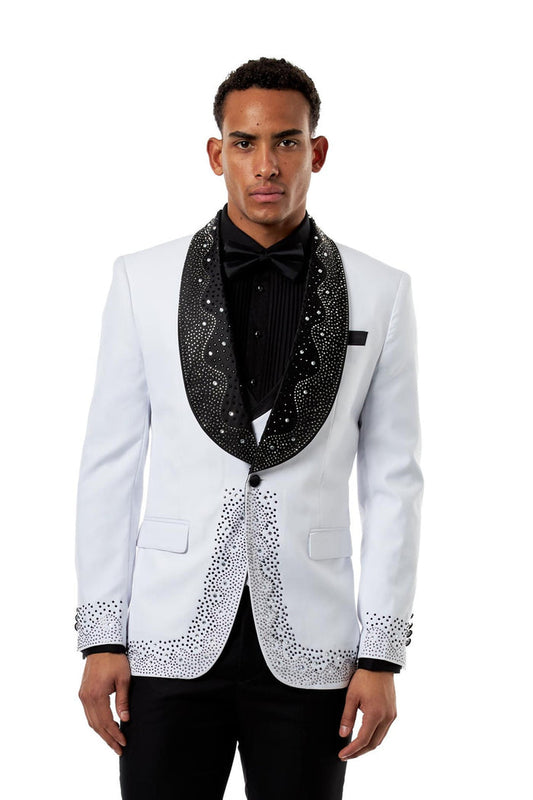 White Tuxedo Wedding Jacket Rhinestone Lapel