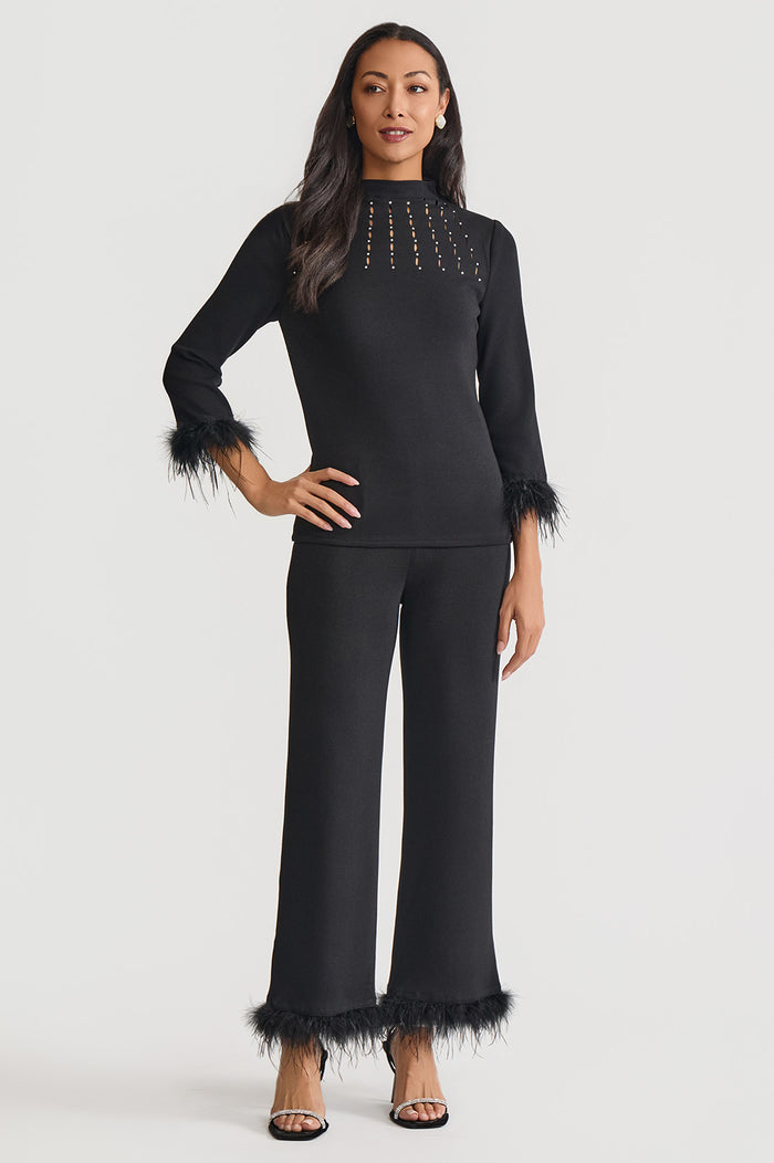 Wide-Leg Soft Knit Feather Pants, Black/White | Ming Wang
