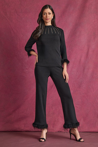 Wide-Leg Soft Knit Feather Pants, Black/White | Ming Wang