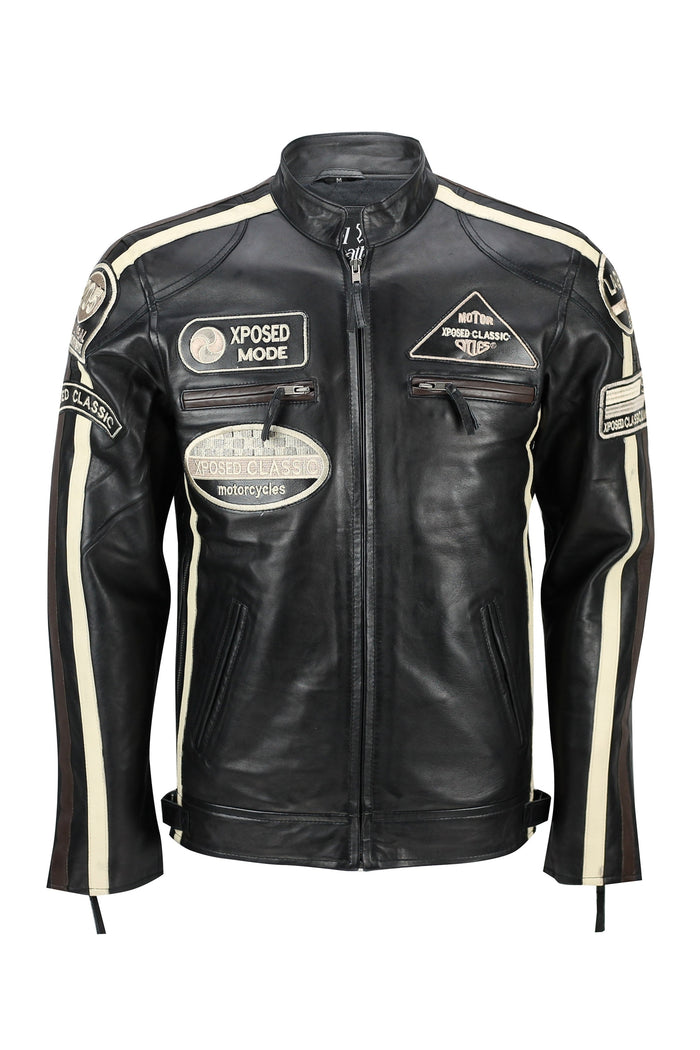 XPOSED REAL LEATHER BIKER SLIM FIT BLACK JACKET