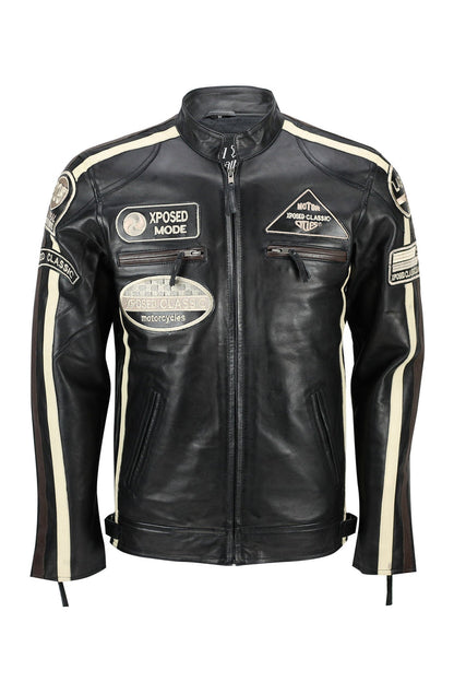 XPOSED REAL LEATHER BIKER SLIM FIT BLACK JACKET