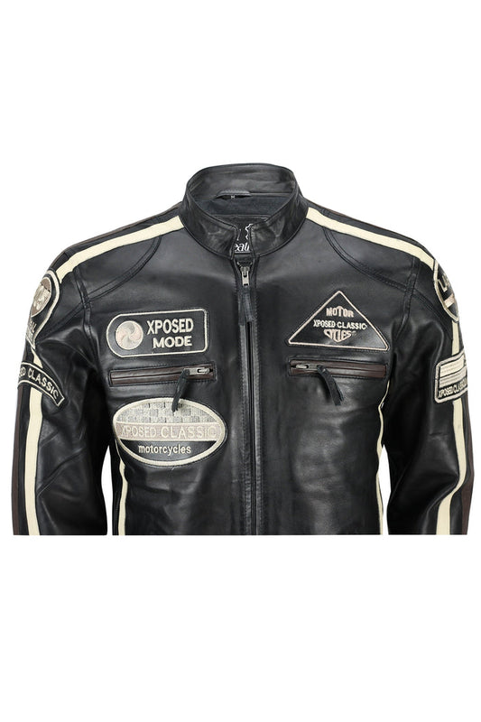 XPOSED REAL LEATHER BIKER SLIM FIT BLACK JACKET