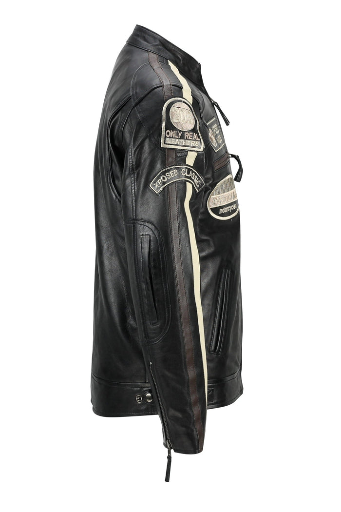 XPOSED REAL LEATHER BIKER SLIM FIT BLACK JACKET