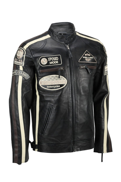 XPOSED REAL LEATHER BIKER SLIM FIT BLACK JACKET
