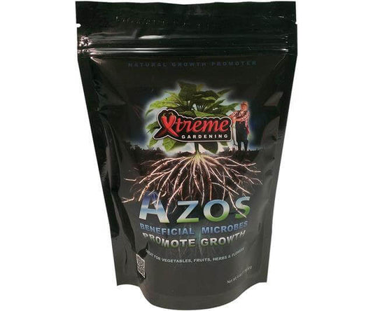 Black stand-up pouch of Xtreme Gardening Azos with a plant root graphic and natural growth promoter text.