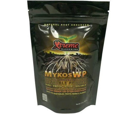 Black pouch of Xtreme Gardening Mykos WP root enhancer featuring an image of plant roots and a green seedling.