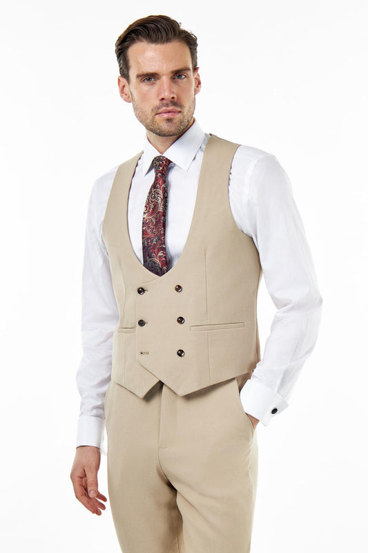 ZAK – STONE HONEYCOMB DOUBLE BREASTED SUIT WAISTCOAT